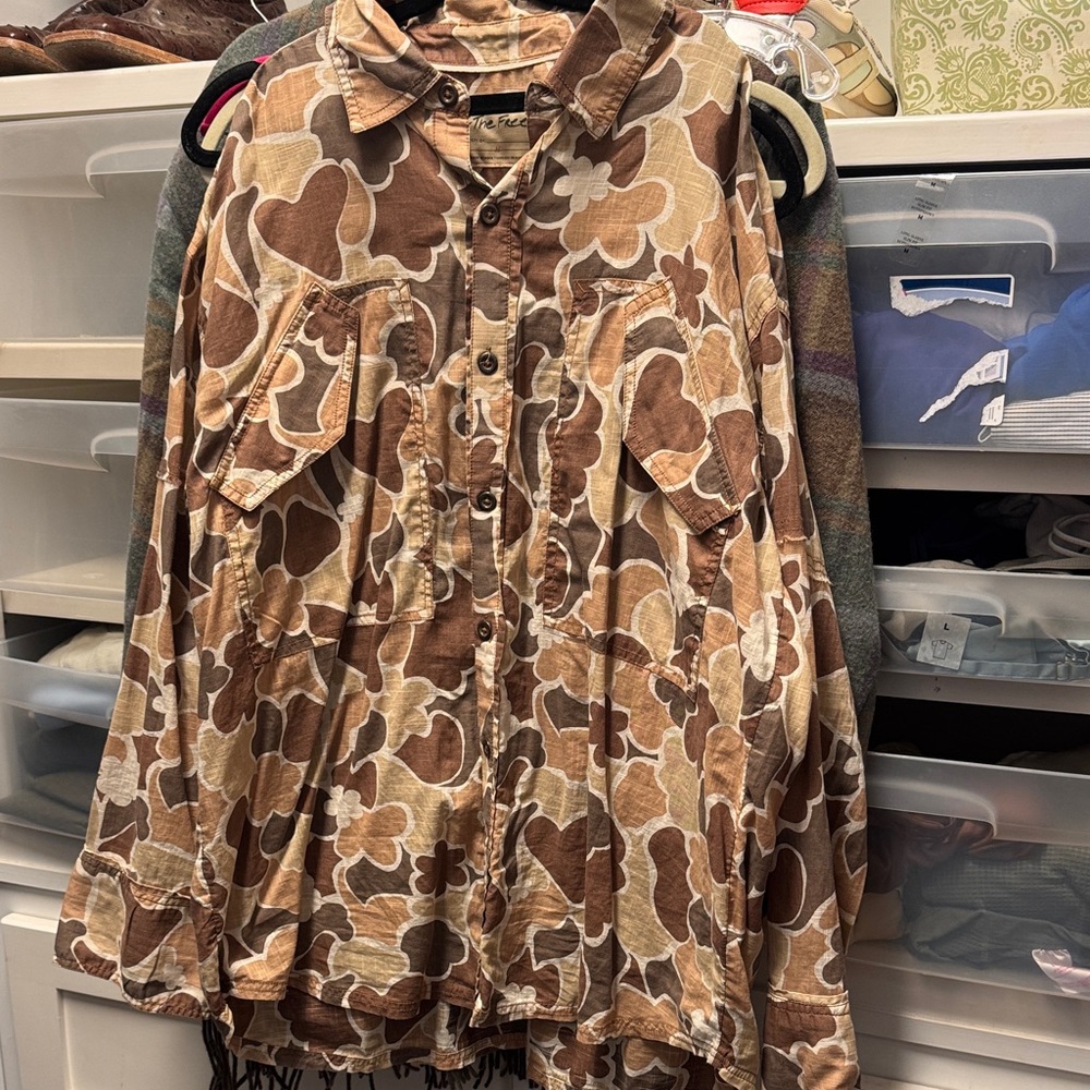 We the free Brown Floral camo Button-Up Shirt